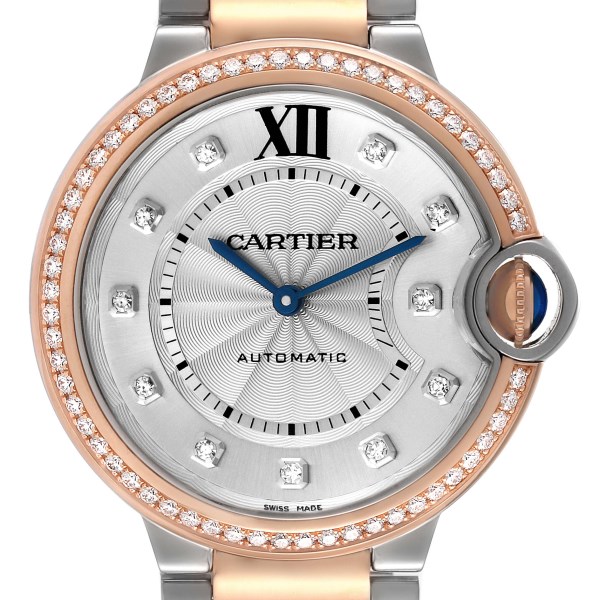 Cartier Ballon Bleu Steel Rose Gold Diamond Bezel Ladies Watch W3BB0004