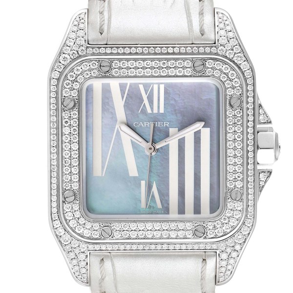 Cartier Santos 100 White Gold Blue Mother of Pearl Diamond Ladies Watch WM503251