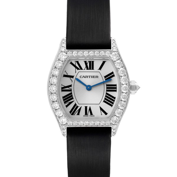 Cartier Tortue 18k White Gold Diamond Black Strap Ladies Watch WA507231