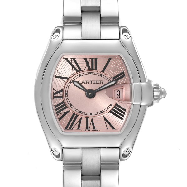 Cartier Roadster Pink Dial Steel Ladies Watch W62017V3 Box Papers