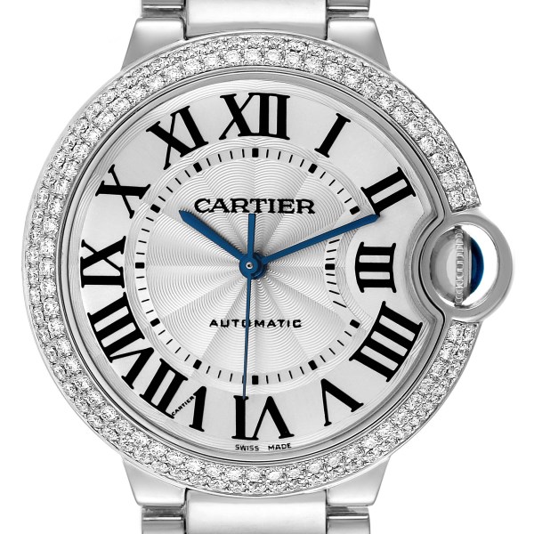 Cartier Ballon Bleu 36mm Automatic White Gold Diamond Watch WE9006Z3 Box Card