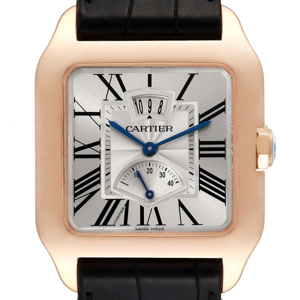 Cartier Santos Dumont Rose Gold Silver Dial Black Strap Mens Watch W2020067
