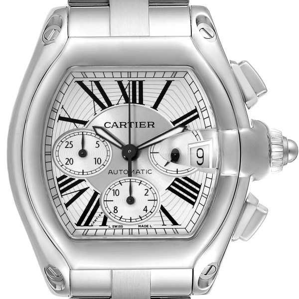 Cartier Roadster XL Chronograph Silver Dial Steel Mens Watch W62019X6 Box Papers