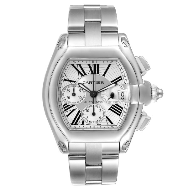 Cartier Roadster XL Chronograph Silver Dial Steel Mens Watch W62019X6 Box Papers