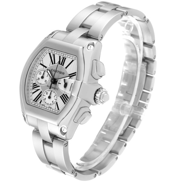 Cartier Roadster XL Chronograph Silver Dial Steel Mens Watch W62019X6 Box Papers