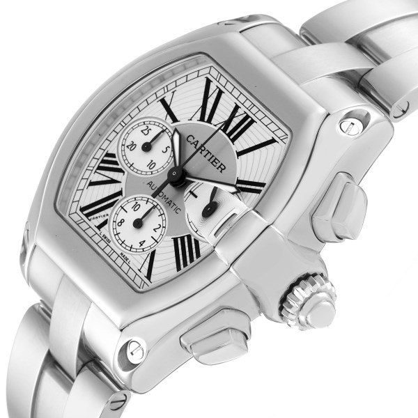 Cartier Roadster XL Chronograph Silver Dial Steel Mens Watch W62019X6 Box Papers