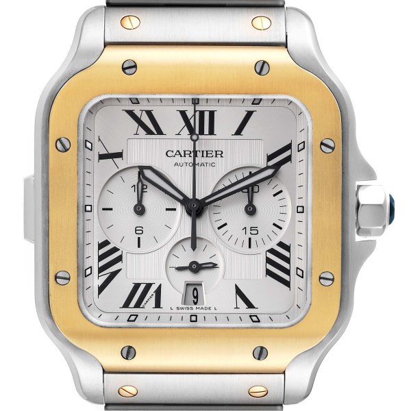 Cartier Santos XL Chronograph Steel Yellow Gold Mens Watch W2SA0008 Box Card