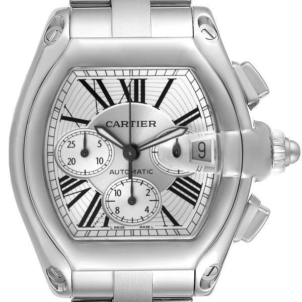 Cartier Roadster XL Chronograph Silver Dial Steel Mens Watch W62019X6 Box Papers