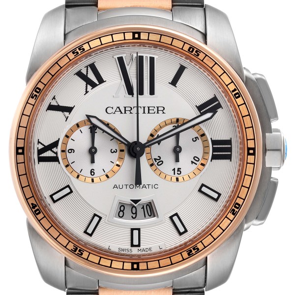 Cartier Calibre Chronograph Steel Rose Gold Mens Watch W7100042 Box Papers