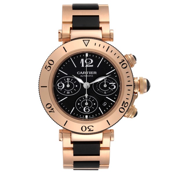 Cartier Pasha Seatimer Rose Gold Black Dial Mens Watch W301980M Box Papers