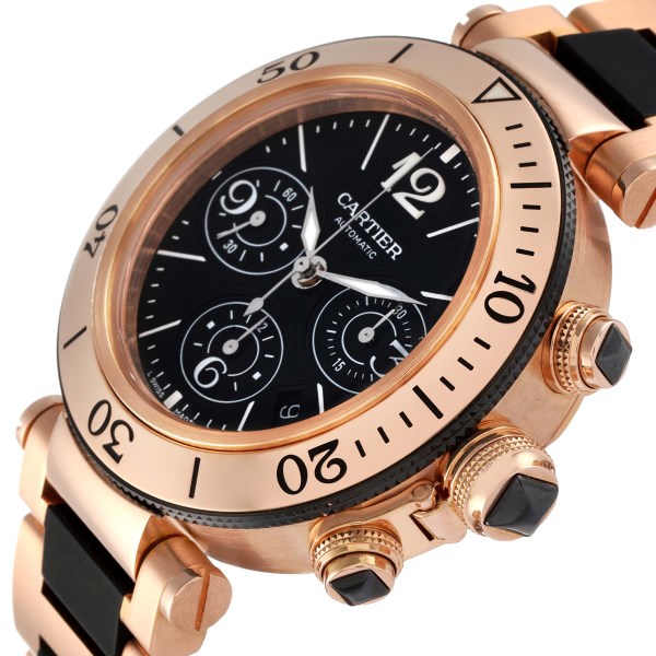 Cartier Pasha Seatimer Rose Gold Black Dial Mens Watch W301980M Box Papers