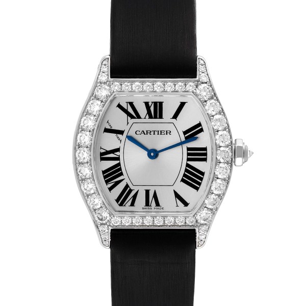 Cartier Tortue 18k White Gold Diamond Black Strap Ladies Watch WA507231