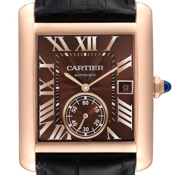 Cartier Tank MC Rose Gold Brown Dial Black Strap Mens Watch W5330002 Box Card