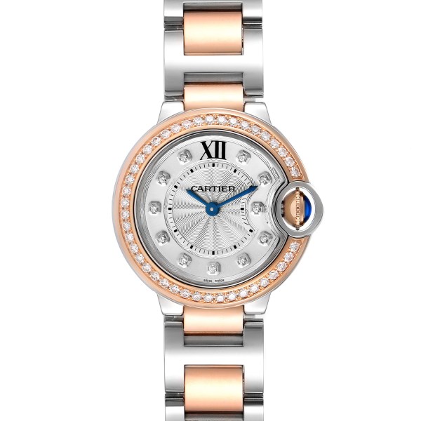 Cartier Ballon Bleu Steel Rose Gold Diamond Ladies Watch W3BB0009 Box Papers