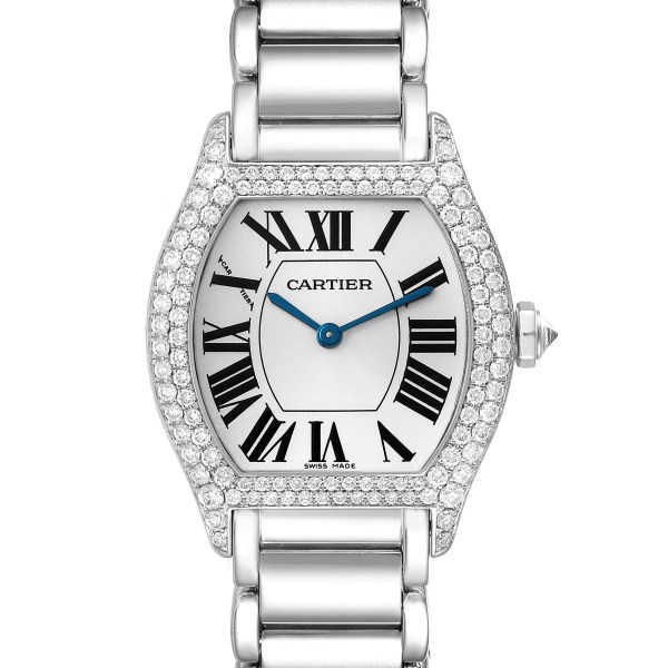 Cartier Tortue Silver Dial 18k White Gold Diamond Ladies Watch WA5072W9