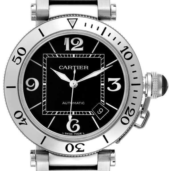 Cartier Pasha Seatimer Black Dial Automatic Steel Mens Watch W31077M7 Box Papers