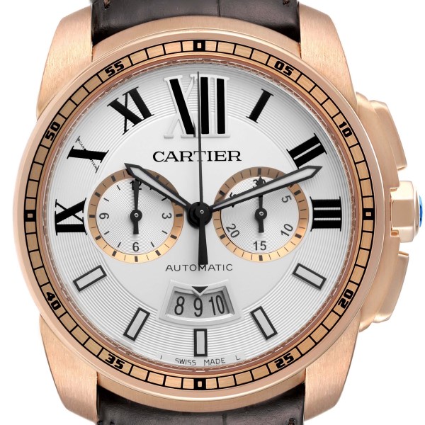 Cartier Calibre Silver Dial Rose Gold Chronograph Mens Watch W7100044