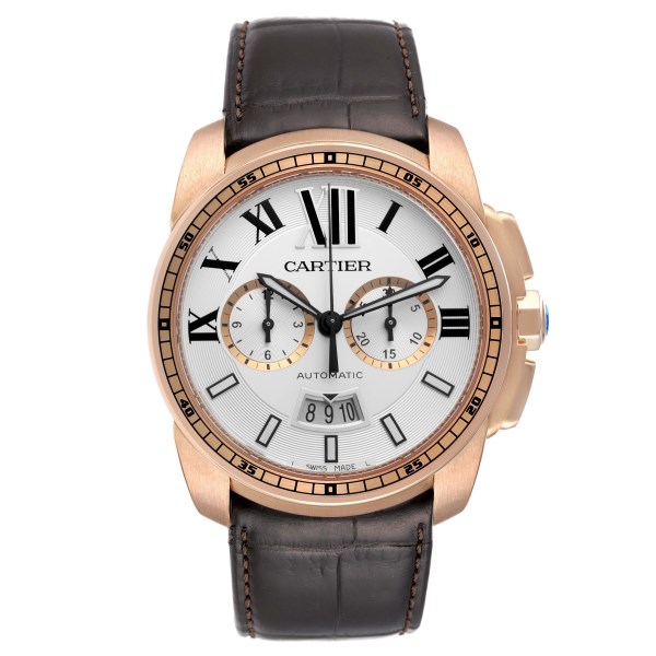 Cartier Calibre Silver Dial Rose Gold Chronograph Mens Watch W7100044