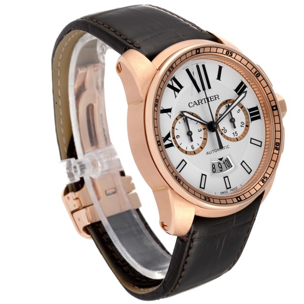 Cartier Calibre Silver Dial Rose Gold Chronograph Mens Watch W7100044