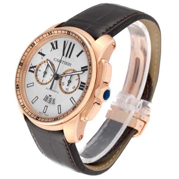 Cartier Calibre Silver Dial Rose Gold Chronograph Mens Watch W7100044