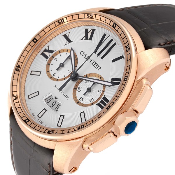 Cartier Calibre Silver Dial Rose Gold Chronograph Mens Watch W7100044
