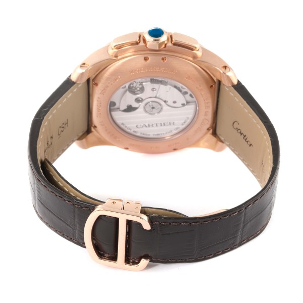 Cartier Calibre Silver Dial Rose Gold Chronograph Mens Watch W7100044