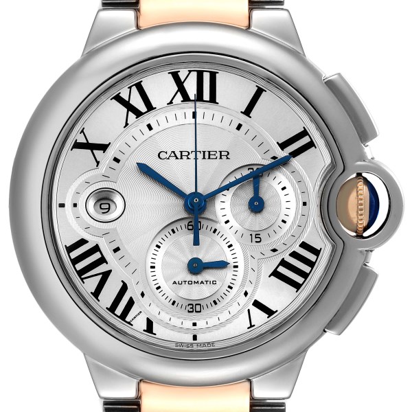 Cartier Ballon Bleu Chronograph Steel Rose Gold Silver Dial Mens Watch W6920063
