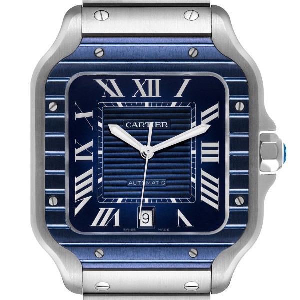 Cartier Santos Large Stainless Steel PVD Blue Dial Mens Watch WSSA0048