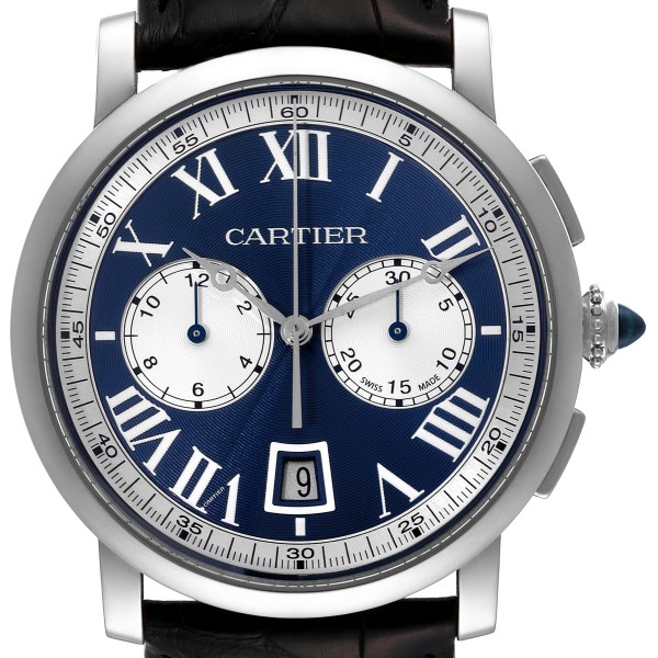 Cartier Rotonde Chronograph White Gold Blue Dial Mens Watch W1556239 Box Papers