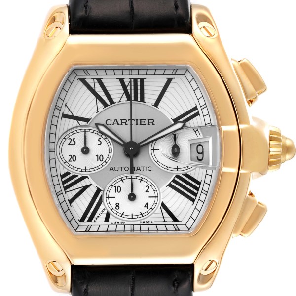 Cartier Roadster Chronograph Yellow Gold Black Strap Mens Watch W62021Y3