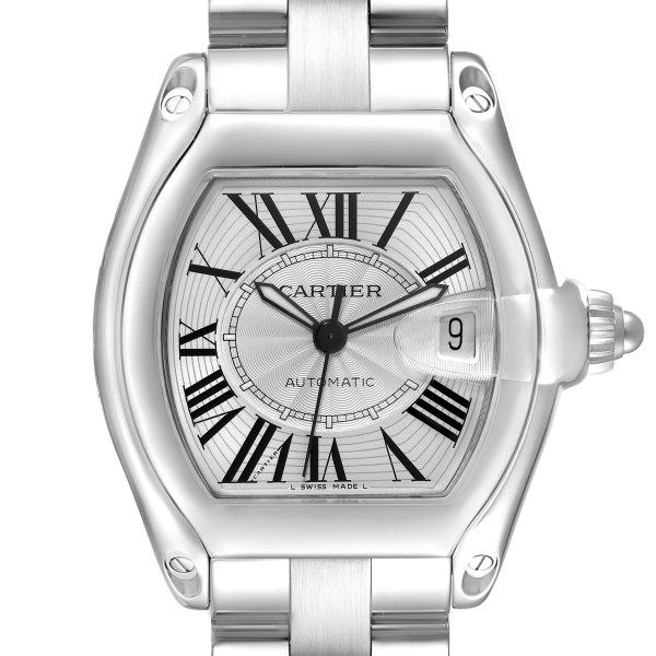 Cartier Roadster Large Silver Dial Steel Mens Watch W62025V3 Box Papers