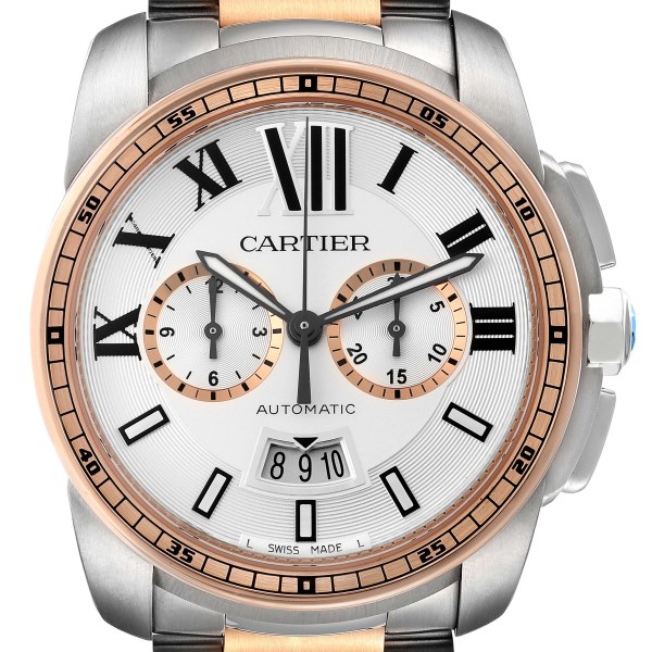 Cartier Calibre Silver Dial Steel Rose Gold Mens Watch W7100042 Box Papers