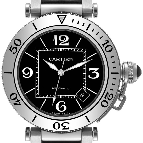 Cartier Pasha Seatimer Black Dial Automatic Steel Mens Watch W31077M7 Box Papers