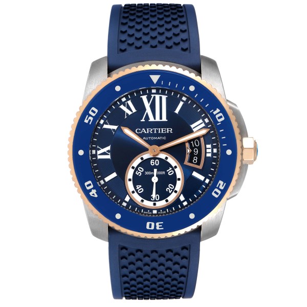 Cartier Calibre Diver Steel Rose Gold Blue Dial Watch W2CA0008 Box Papers