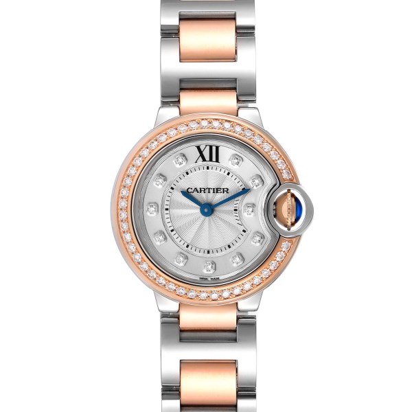 Cartier Ballon Bleu Steel Rose Gold Diamond Ladies Watch W3BB0009 Box Card