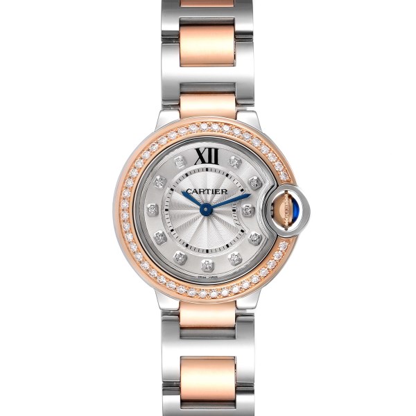 Cartier Ballon Bleu Steel Rose Gold Diamond Ladies Watch W3BB0009 Box Papers