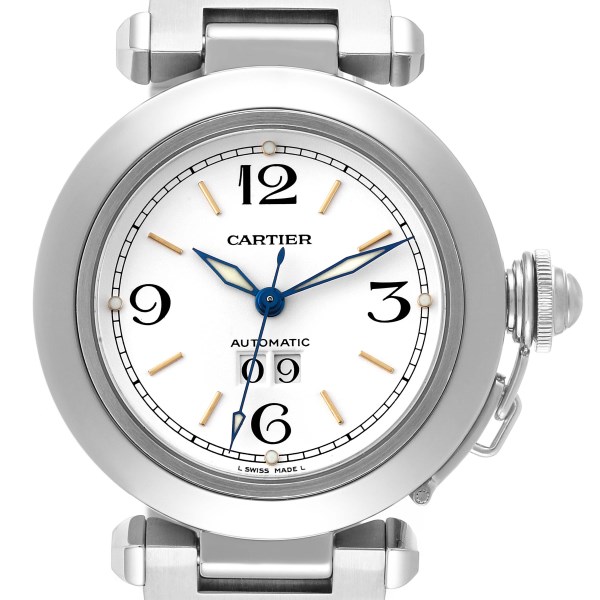 Cartier Pasha C Midsize White Dial Steel Mens Watch W31044M7 Box Papers