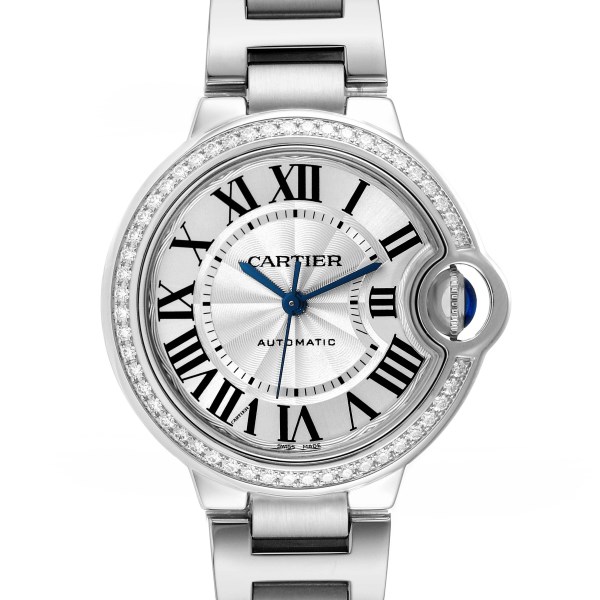 Cartier Ballon Bleu 33mm Steel Diamond Bezel Ladies Watch W4BB0016 Box Card