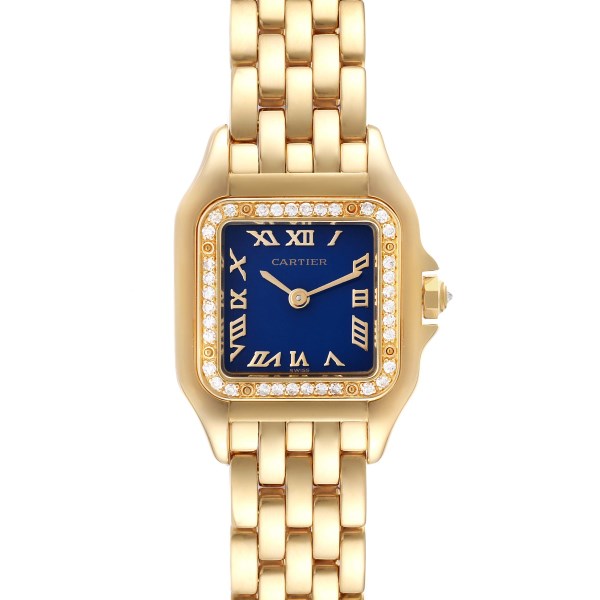 Cartier Panthere Small Yellow Gold Blue Dial Diamond Bezel Ladies Watch 8057915