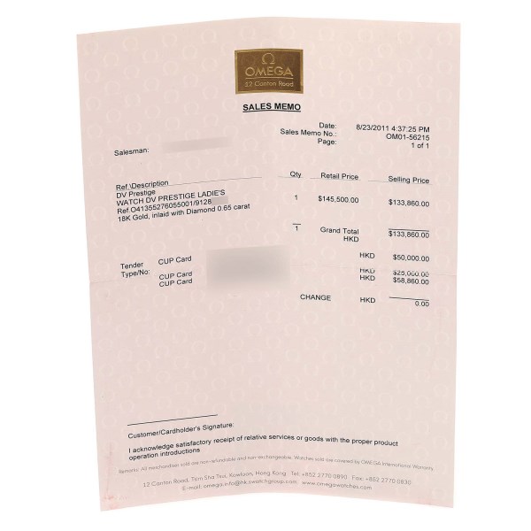 Omega DeVille Prestige Yellow Gold Diamond Ladies Watch 413.55.27.60.55.001