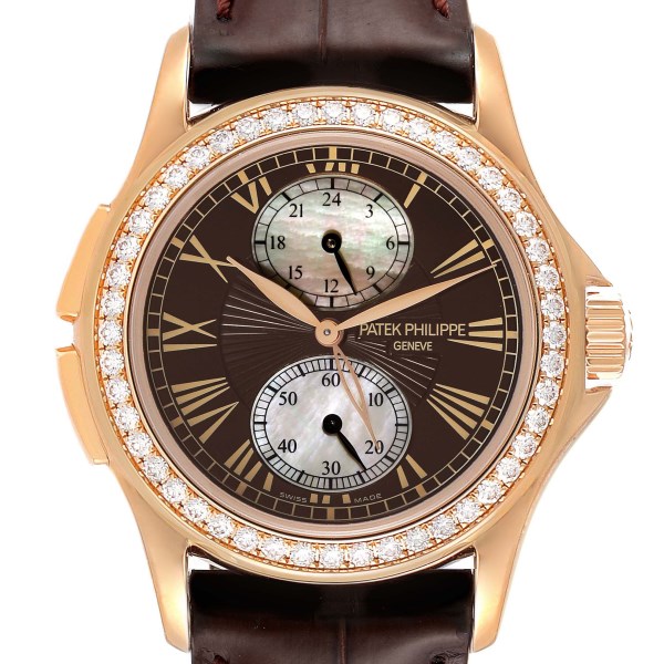 Patek Philippe Calatrava Travel Time Rose Gold Mother of Pearl Diamond Watch 4934