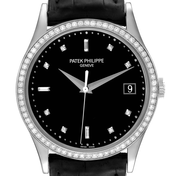 Patek Philippe Calatrava White Gold Black Dial Diamond Mens Watch 5297 Papers