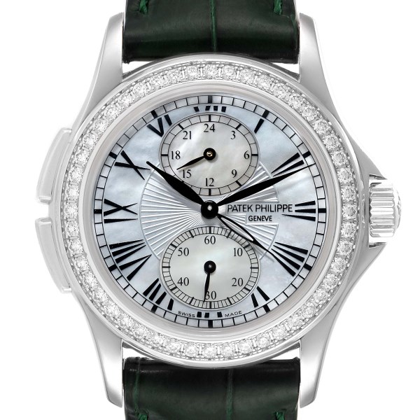 Patek Philippe Calatrava Travel Time White Gold Mother of Pearl Diamond Watch 4934 Papers