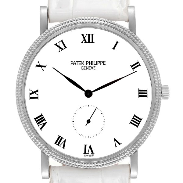 Patek Philippe Calatrava 18k White Gold White Strap Mens Watch 3919