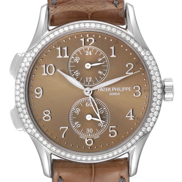 Patek Philippe Calatrava Travel Time White Gold Diamond Mens Watch 7134