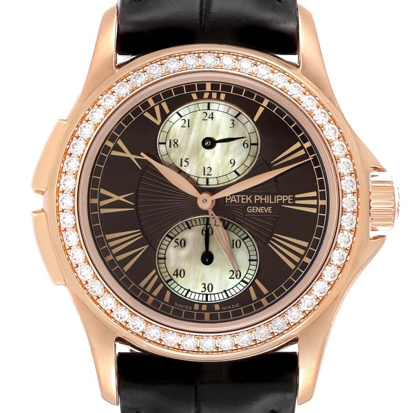 Patek Philippe Calatrava Travel Time Rose Gold Mother of Pearl Diamond Watch 4934