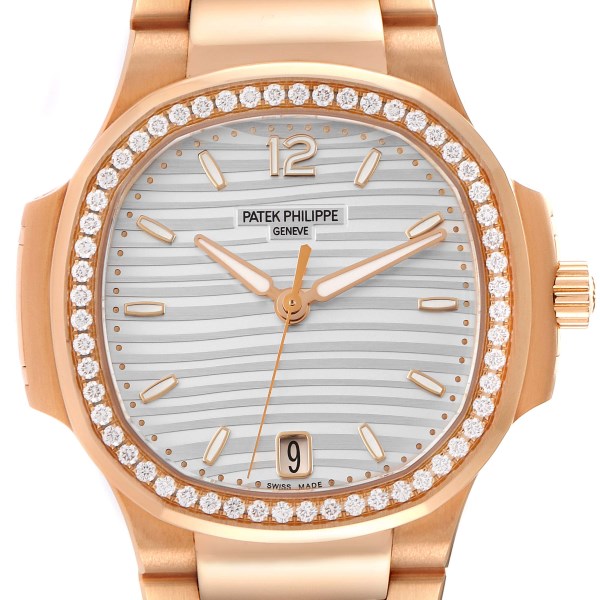 Patek Philippe Nautilus Midsize Rose Gold Diamond Mens Watch 7118 Box Papers