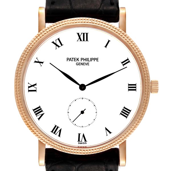 Patek Philippe Calatrava 18k Rose Gold Black Strap Mens Watch 3919