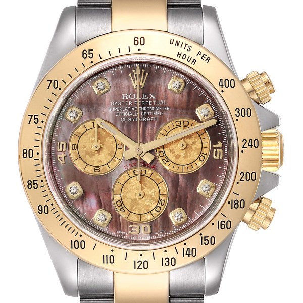 Rolex Daytona Steel Yellow Gold Mother of Pearl Diamond Mens Watch 116523 Box Card