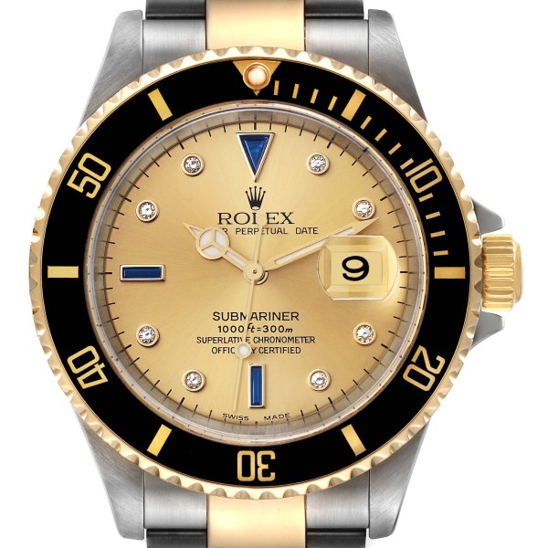 Rolex Submariner Steel Yellow Gold Diamond Sapphire Serti Dial Mens Watch 16613